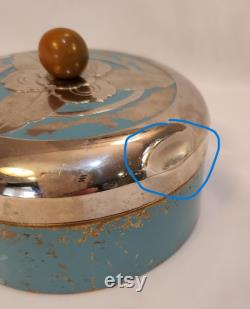 Chrome and Glass Art Deco Powder Puff Holder Teal Blue by Chase Companies Vintage Jewelry Holder
