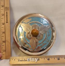 Chrome and Glass Art Deco Powder Puff Holder Teal Blue by Chase Companies Vintage Jewelry Holder