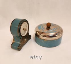 Chrome and Glass Art Deco Powder Puff Holder Teal Blue by Chase Companies Vintage Jewelry Holder