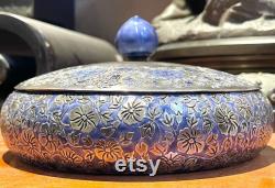 Cloisonné Dresser Box Pure .999 Fine Silver with Purple Enameling and silver Flowers, Korea 1960
