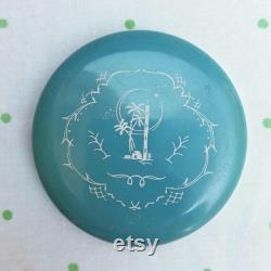 Collectible Powder Box Myrurgia Maderas de Oriente Vintage Powder Compact Discontinued Pale Blue with Arabesque Design