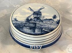 Collectible Vintage Genuine BENSDORP BLOOKER ROYAL Goedewaagendelft Delft Blue Hand Painted Windmill Scene Powder Jar Bowl Made in Holland