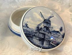 Collectible Vintage Genuine BENSDORP BLOOKER ROYAL Goedewaagendelft Delft Blue Hand Painted Windmill Scene Powder Jar Bowl Made in Holland