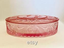 Collectible Vintage Pink Peach Birds Pressed Glass Oval Powder Box Jar Dish with Cover Estate Item