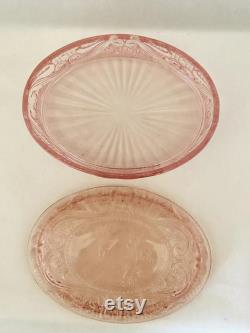 Collectible Vintage Pink Peach Birds Pressed Glass Oval Powder Box Jar Dish with Cover Estate Item