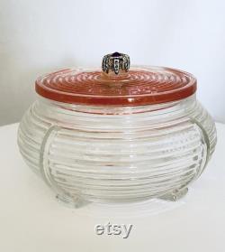 Collectible Vintage Pressed Glass Powder Jar Bowl with Pink Glass Cover Faux Ruby in Metallic Handle Estate Item