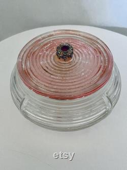 Collectible Vintage Pressed Glass Powder Jar Bowl with Pink Glass Cover Faux Ruby in Metallic Handle Estate Item