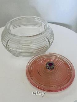 Collectible Vintage Pressed Glass Powder Jar Bowl with Pink Glass Cover Faux Ruby in Metallic Handle Estate Item