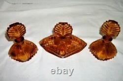 Cottagecore Art Deco Amber Vanity Set Glass New Martinsville Perfume Powder Box