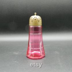 Cranberry Cut Glass and Brass Muffineer Sugar Shaker, 6.5 H