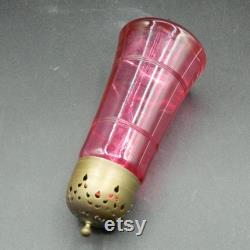 Cranberry Cut Glass and Brass Muffineer Sugar Shaker, 6.5 H