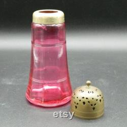 Cranberry Cut Glass and Brass Muffineer Sugar Shaker, 6.5 H