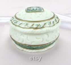 Custard Glass Powder Jar creamy white, celadon green and gilt trim