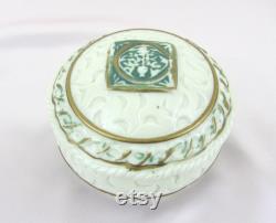 Custard Glass Powder Jar creamy white, celadon green and gilt trim