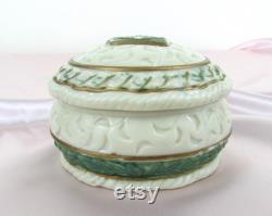 Custard Glass Powder Jar creamy white, celadon green and gilt trim
