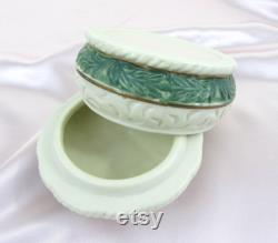 Custard Glass Powder Jar creamy white, celadon green and gilt trim