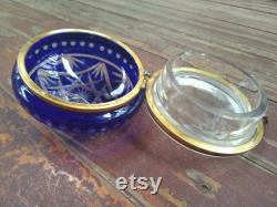 Czech Bohemian Cut Crystal Cobalt Blue Vanity Compact