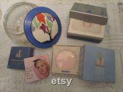 DECO Lady Powder Box and Scene Painted Czech Glass Jar Lot Unused WOODBURY Fairylite 1930s-40s Figural Cosmetic Make-Up Boxes Lovely Lana