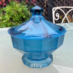 Davidson Blue Cloud Glass Lidded Powder Jar, Pattern 283, Trinket Pot Made in England 1933, Immaculate Condition, Ideal Gift 5 x 5.5