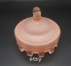 Deco Taussaunt Court Jester Pink Satin Glass Powder Box or Jar Depression Era