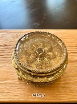Decorative Vintage 24K Gold Plated Floral Filigree Round Powder Box Glass or Jewelry Box with Lid