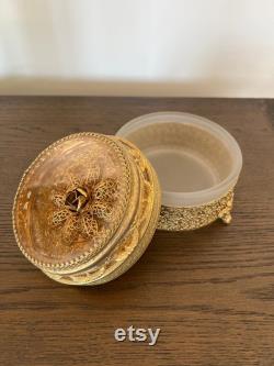 Decorative Vintage 24K Gold Plated Floral Filigree Round Powder Box Glass or Jewelry Box with Lid