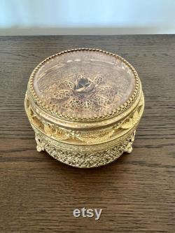 Decorative Vintage 24K Gold Plated Floral Filigree Round Powder Box Glass or Jewelry Box with Lid