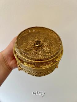 Decorative Vintage 24K Gold Plated Floral Filigree Round Powder Box Glass or Jewelry Box with Lid