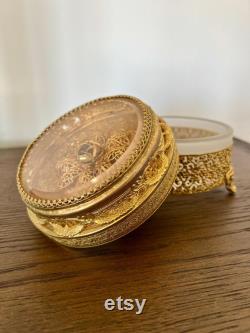 Decorative Vintage 24K Gold Plated Floral Filigree Round Powder Box Glass or Jewelry Box with Lid