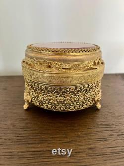 Decorative Vintage 24K Gold Plated Floral Filigree Round Powder Box Glass or Jewelry Box with Lid