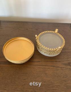 Decorative Vintage 24K Gold Plated Floral Filigree Round Powder Box Glass or Jewelry Box with Lid