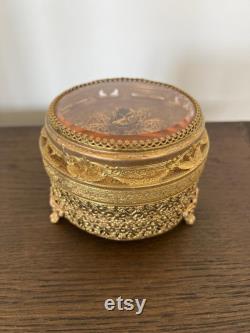 Decorative Vintage 24K Gold Plated Floral Filigree Round Powder Box Glass or Jewelry Box with Lid