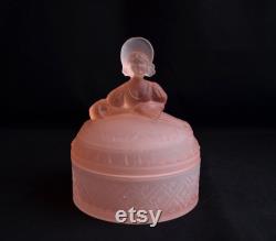 Dermay Inc, 5th Ave New York Perfumers Depression Era Pink Glass Powder Jar or Box by Taussaunt or the Tiffin Glass Company