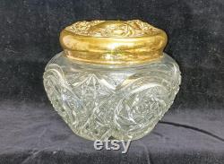 EAPG Powder Jar, Repousse Art Nouveau Brass Lid, Deep Press Mold Cut Gass Base J324