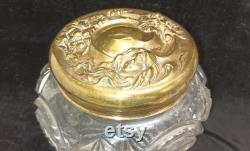 EAPG Powder Jar, Repousse Art Nouveau Brass Lid, Deep Press Mold Cut Gass Base J324