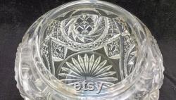 EAPG Powder Jar, Repousse Art Nouveau Brass Lid, Deep Press Mold Cut Gass Base J324