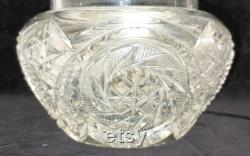 EAPG Powder Jar, Repousse Art Nouveau Brass Lid, Deep Press Mold Cut Gass Base J324