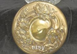 EAPG Powder Jar, Repousse Art Nouveau Brass Lid, Deep Press Mold Cut Gass Base J324