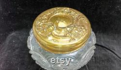 EAPG Powder Jar, Repousse Art Nouveau Brass Lid, Deep Press Mold Cut Gass Base J324