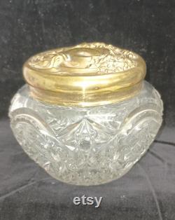 EAPG Powder Jar, Repousse Art Nouveau Brass Lid, Deep Press Mold Cut Gass Base J324