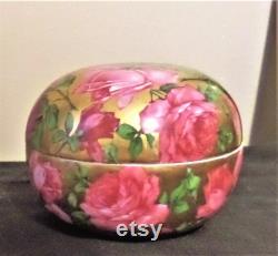 Early 1900's Powder Box Trinket Box. Porcelain. Czechoslovkia. Gold with Pink Roses.