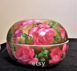 Early 1900's Powder Box Trinket Box. Porcelain. Czechoslovkia. Gold with Pink Roses.