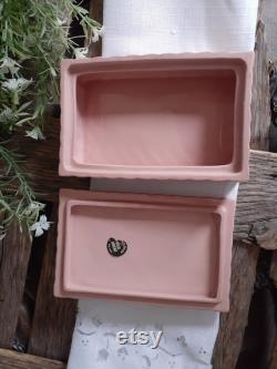 Elizabeth Arden Dresser Box Rose Orient , White Feather on Dusty Rose Pink Porcelain Box Mid Century Crownford China Dresser Box, Vanity