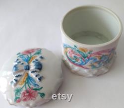 Elizabeth Arden Porcelain Floral Jar with Lid Palais De Versailles Vanity Jars, Pink Blue Floral Vanity Storage Jar