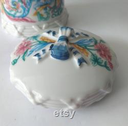 Elizabeth Arden Porcelain Floral Jar with Lid Palais De Versailles Vanity Jars, Pink Blue Floral Vanity Storage Jar