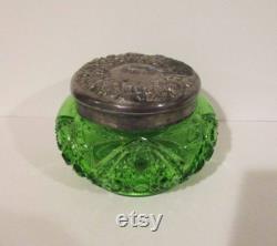 Emerald Green Pressed Glass Vanity or Powder Jar with Silver Plated Lid 1930s