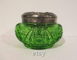Emerald Green Pressed Glass Vanity or Powder Jar with Silver Plated Lid 1930s