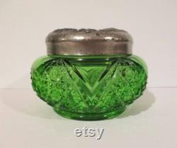 Emerald Green Pressed Glass Vanity or Powder Jar with Silver Plated Lid 1930s