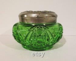 Emerald Green Pressed Glass Vanity or Powder Jar with Silver Plated Lid 1930s