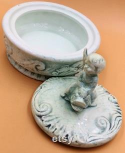 Enesco Cherub Riding Dolphin dresser powder trinket jewelry box with lid. Light blue white marbled porcelain. Vintage 60's. E4066. Japan